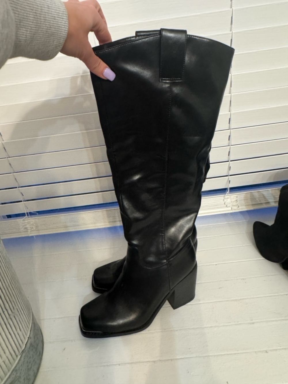 Pretty little things New Black Over-the-Knee Block Heel Boots with chrome toe